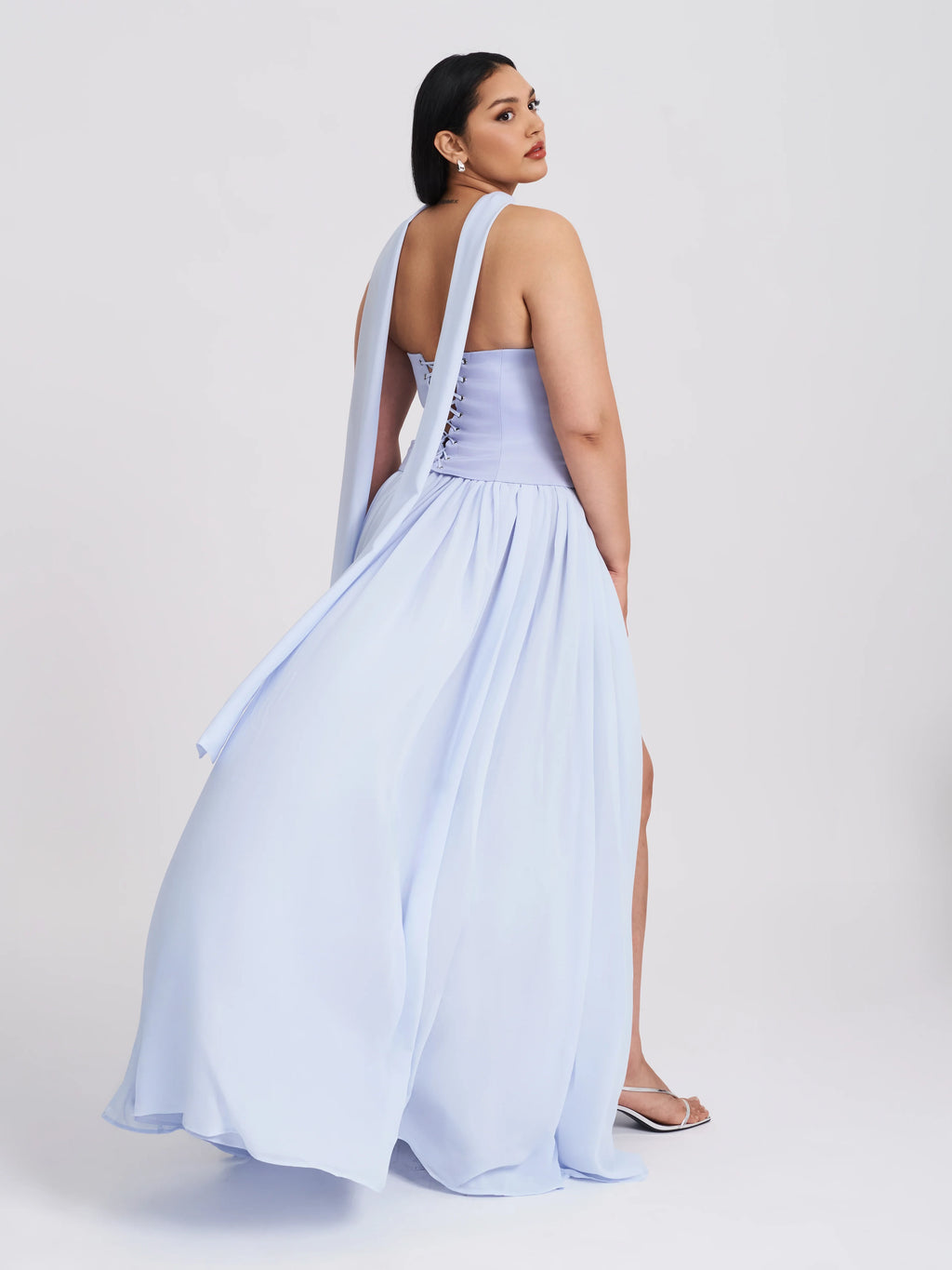 Qianna Baby Blue Peplum Drop Waist Chiffon Gown