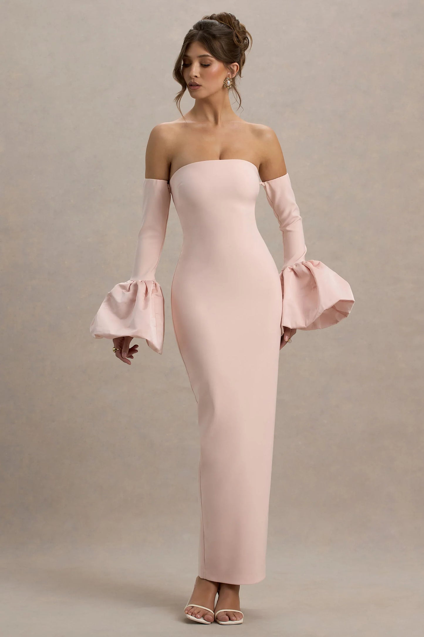 Myah Pink Bandeau Long Sleeve Maxi Dress With Puff Cuffs