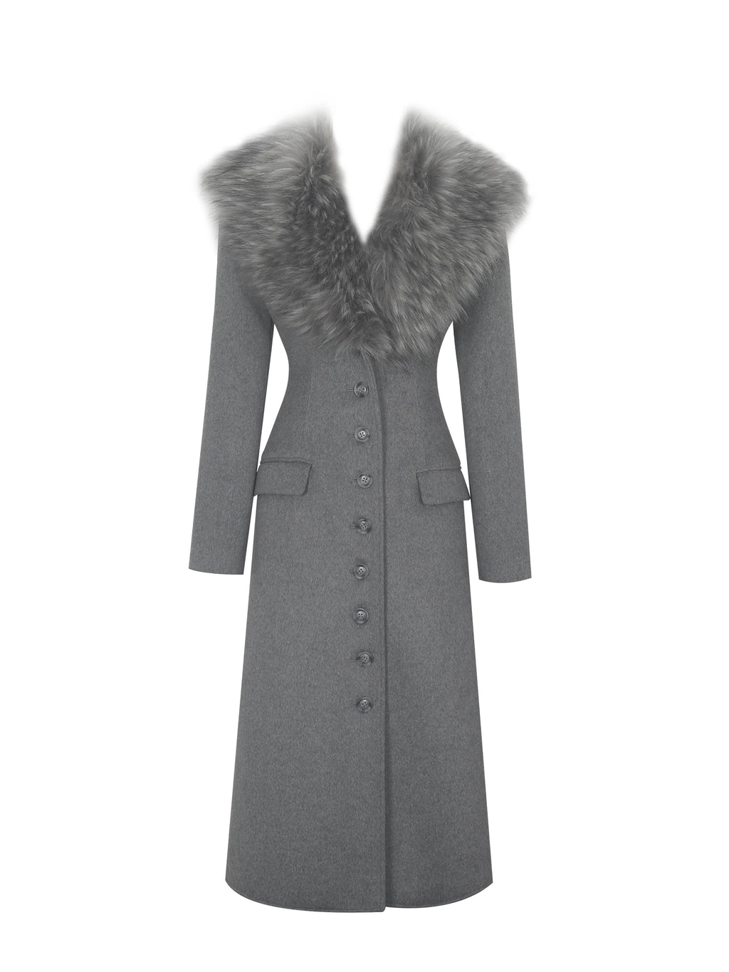 Faye Grey Wool Blend Single Breasted Coat with Removable Faux Fur Collar