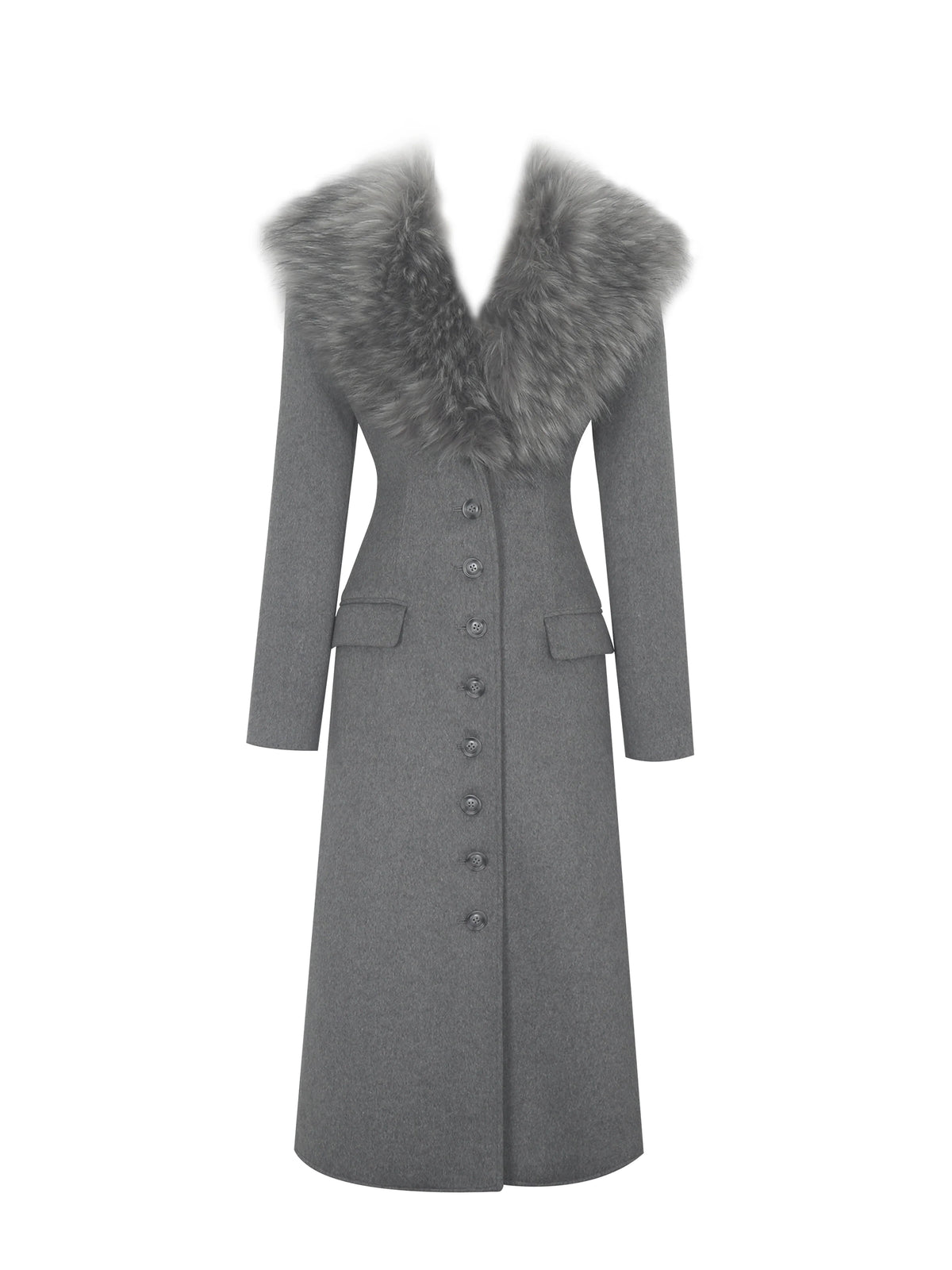 Faye Grey Wool Blend Single Breasted Coat with Removable Faux Fur Collar