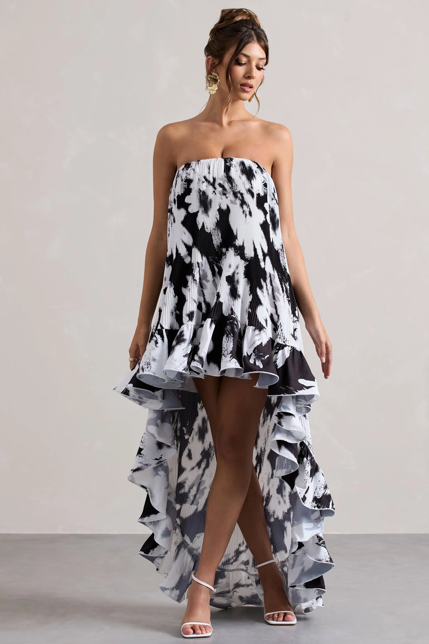 Whistler Monochrome Floral Chiffon Bandeau High Low Ruffled Maxi Dress