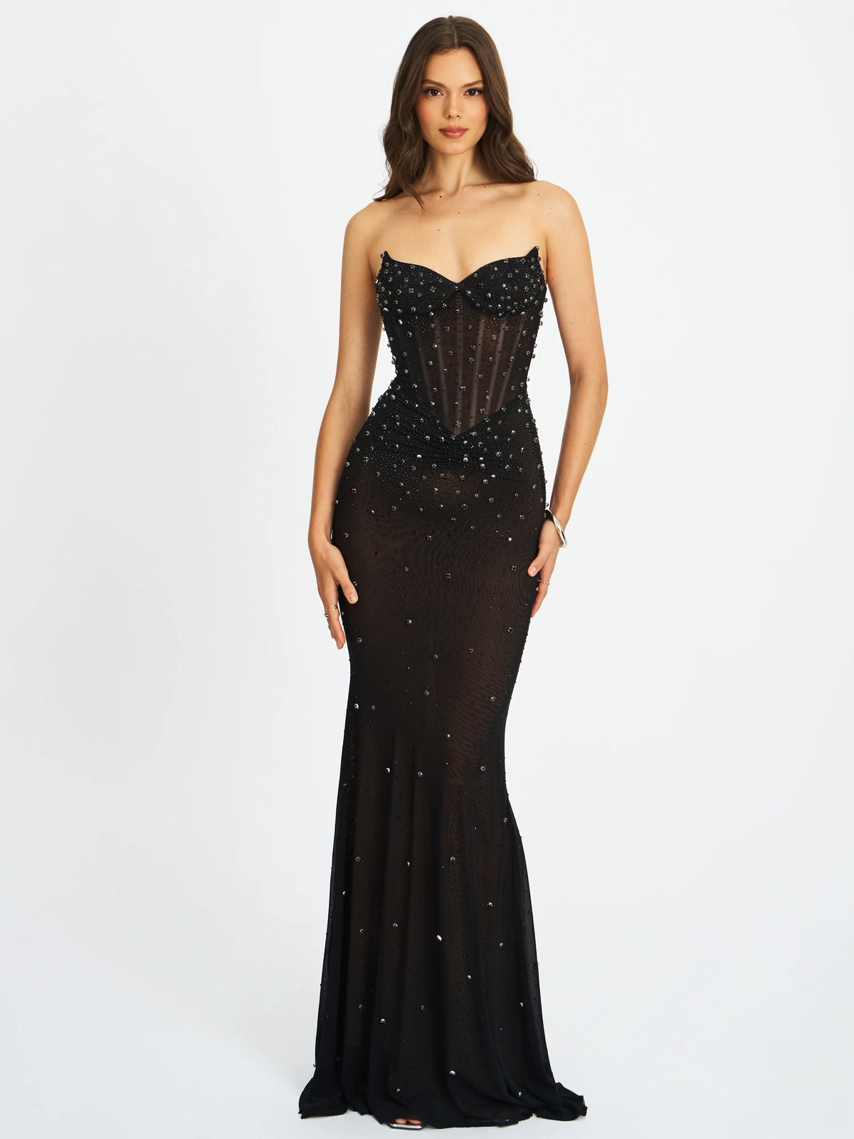 Fatima Black Crystal Sleeveless Corset Mermaid Maxi Dress