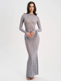 Waylynn Gray Animal Print Burnout Velvet Detail Mesh Backless Maxi Dress