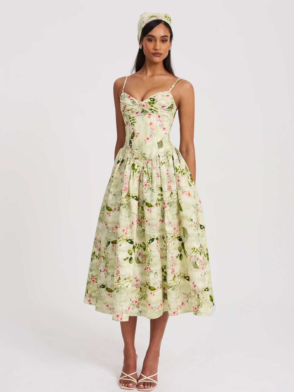 Jacinda Green Floral Print Linen Midi Dress