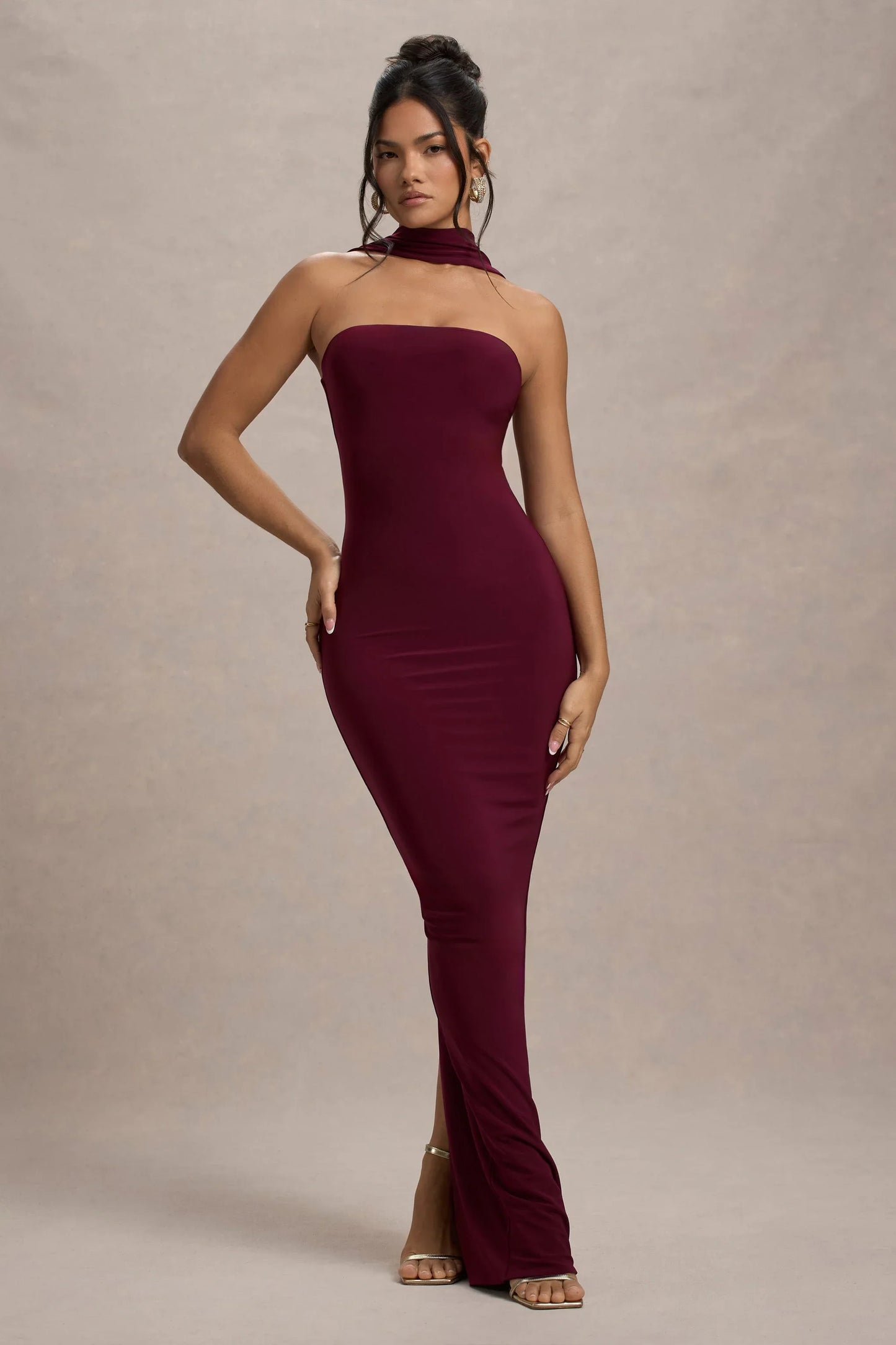 Nobu Burgundy Bandeau Maxi Dress With Halter Collar