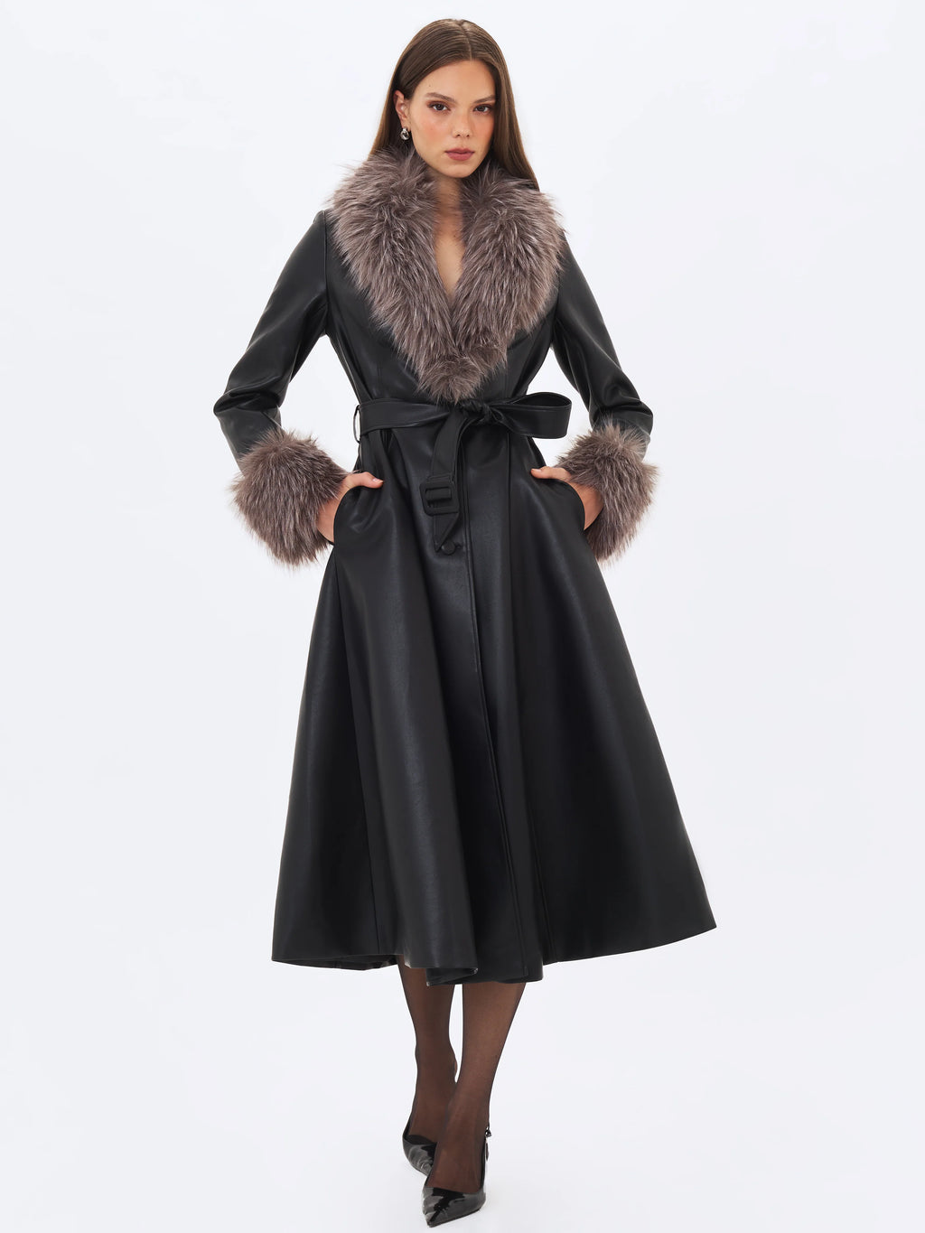 Nico Black Faux Leather Fur Trimmed Belted A Line Midi Coat