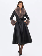 Nico Black Faux Leather Fur Trimmed Belted A Line Midi Coat