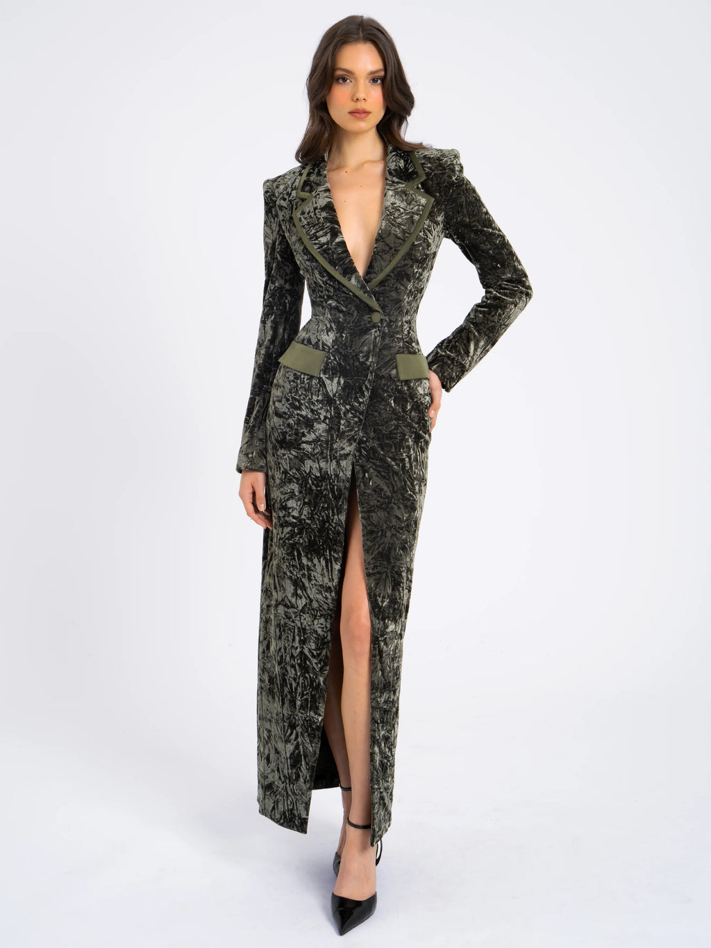 Willow Green Glossy Velvet High Slit Blazer Gown Archive Sale