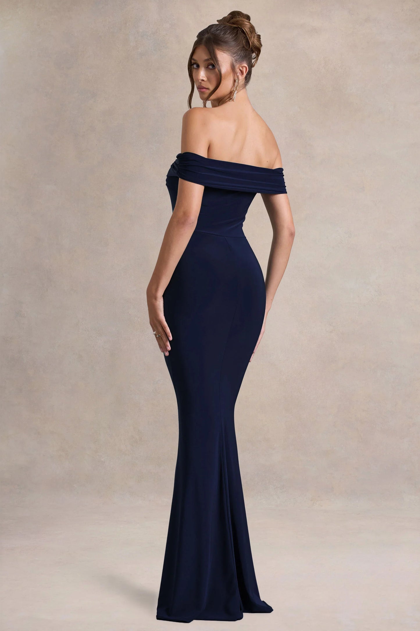 Law of Attraction Navy Bardot Draped Split Maxi Dress