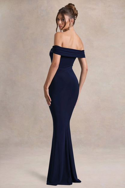 Law of Attraction Navy Bardot Draped Split Maxi Dress