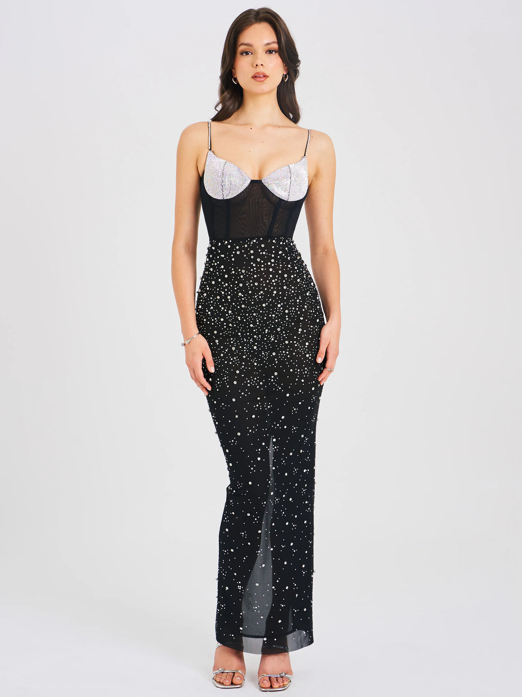 Jimena Crystal Embellished Back Slit Maxi Dress Archive Sale