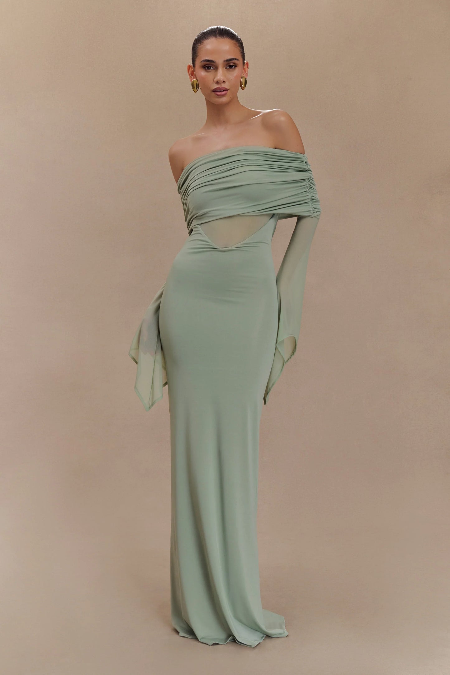 Kaitlin One Shoulder Slinky And Mesh Maxi Dress Basil