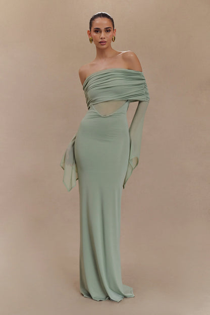 Kaitlin One Shoulder Slinky And Mesh Maxi Dress Basil