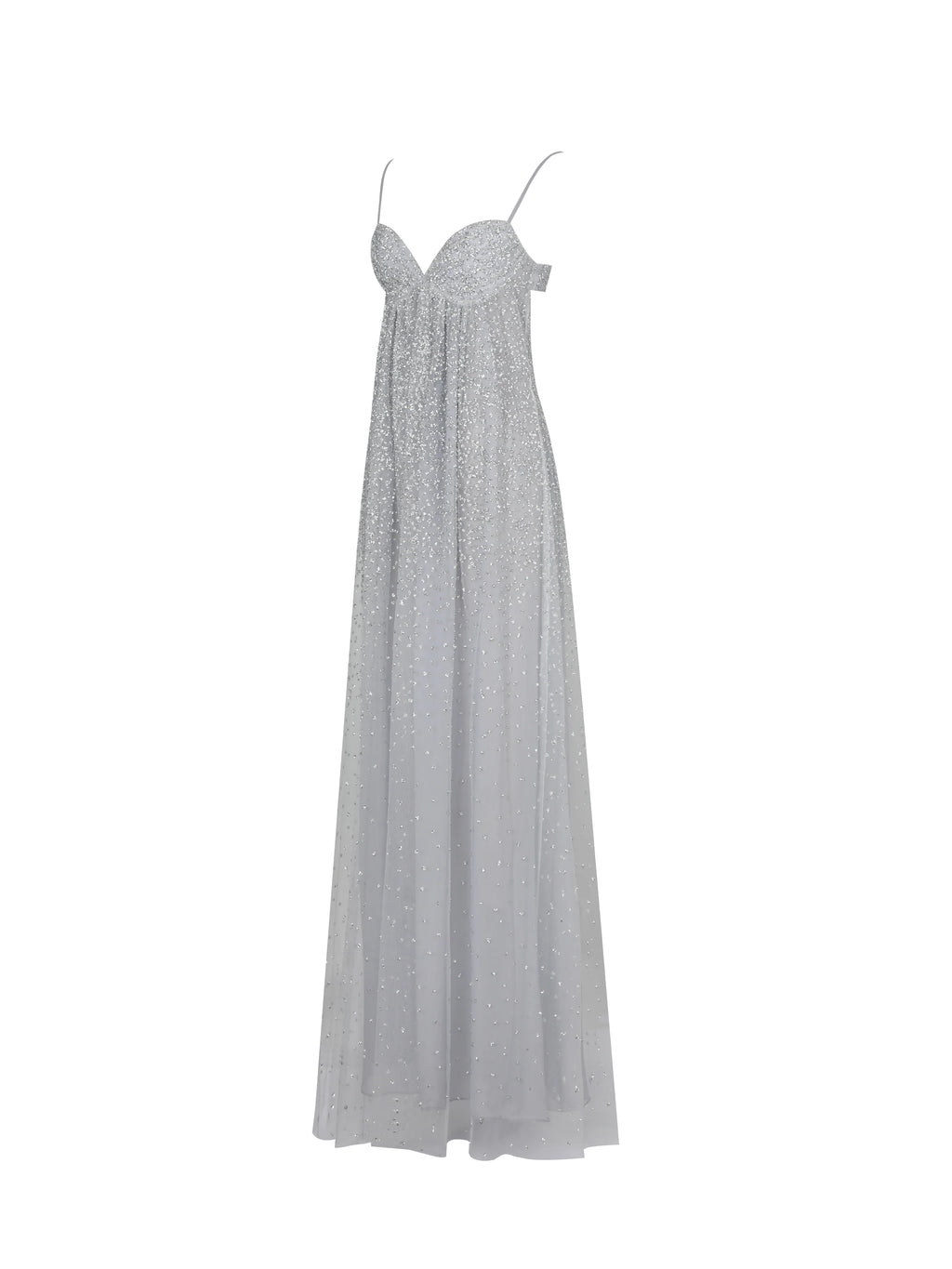Wallie Silver Rhinestone Embellished Mesh Backless Gown