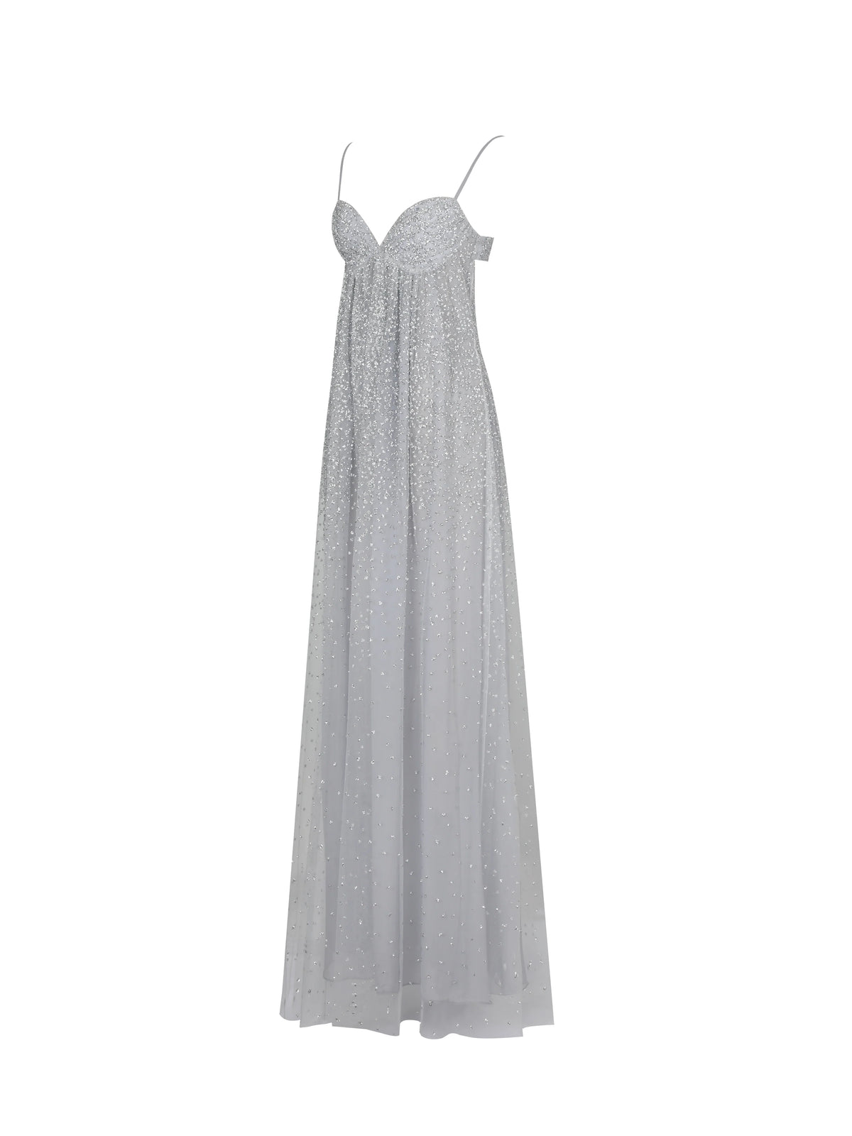 Wallie Silver Rhinestone Embellished Mesh Backless Gown