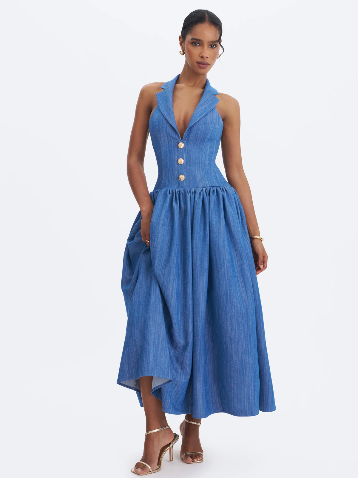Xyan Navy Denim Lapel Halter A Line Midi Dress