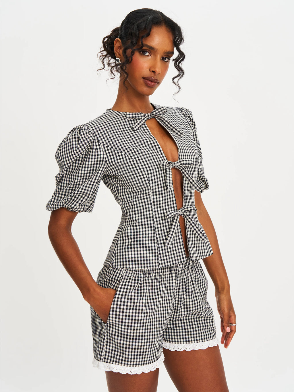Qusayla Black Gingham Cotton Bubble Sleeve Bowtie Top