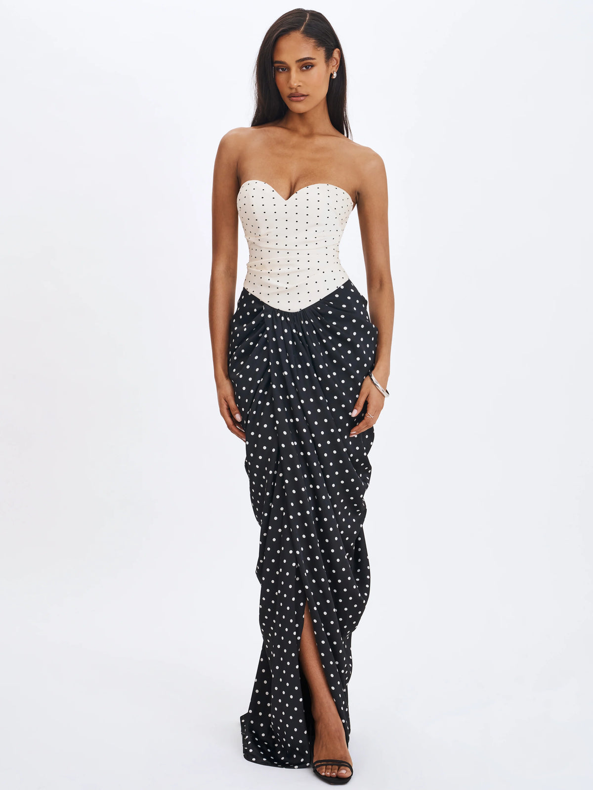 Tamryn Black White Polka Dot Sweetheart Maxi Dress