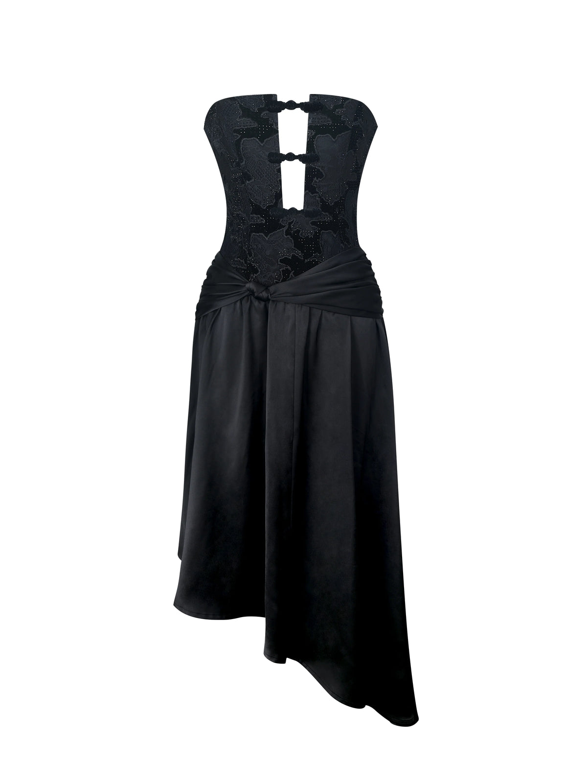 Yoseline Black Velvet Lace Cutout Asymmetrical Satin Midi Dress