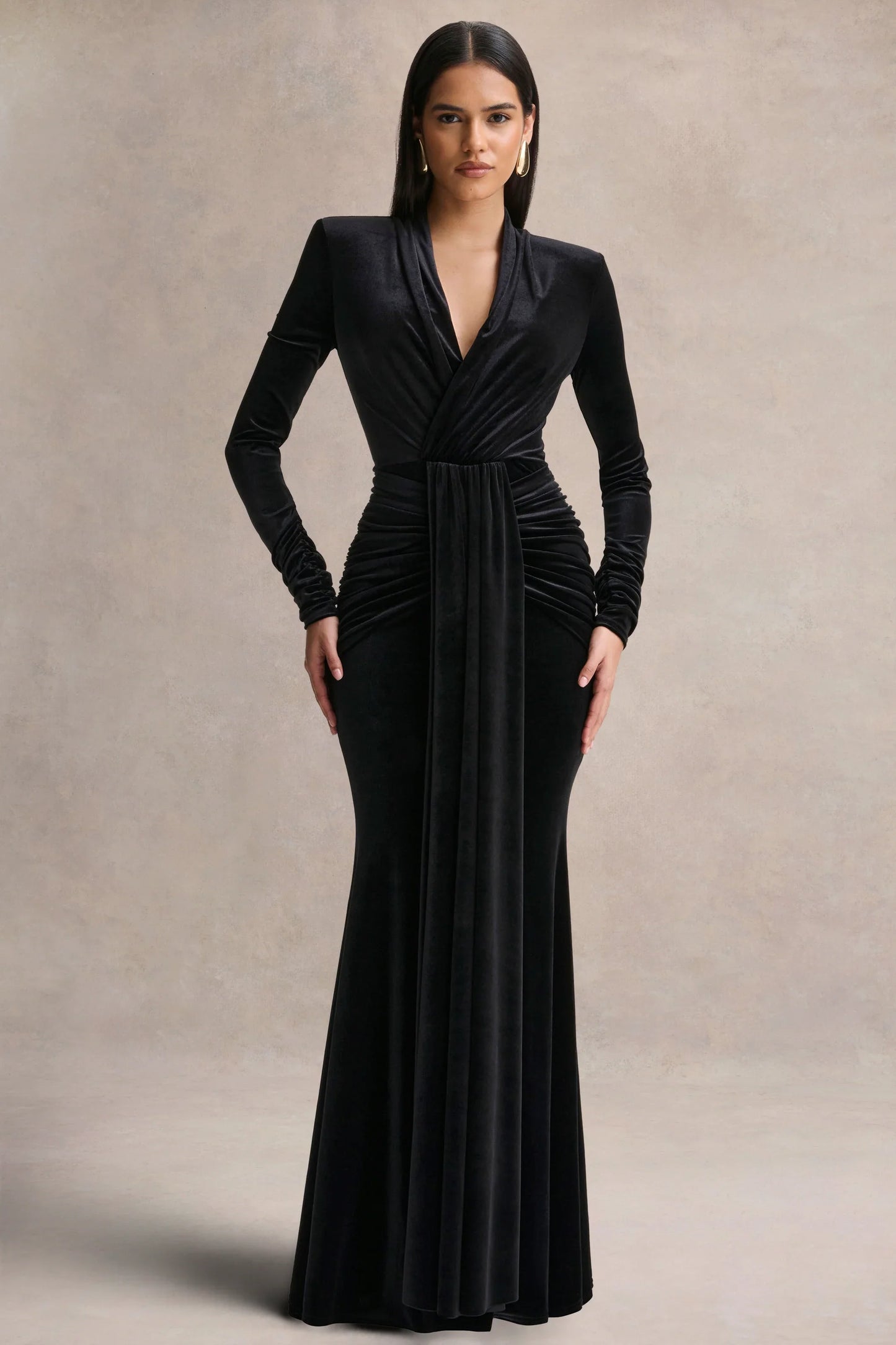 Halima Black Velvet Plunge Neck Maxi Dress With Gathered Detailing