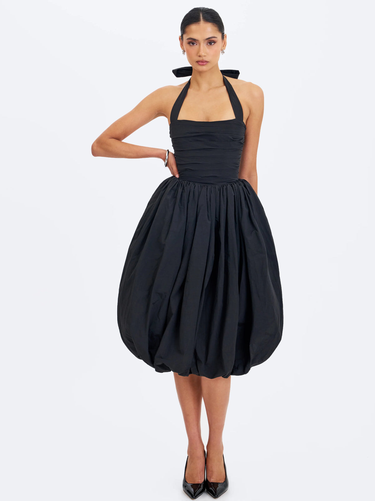 Veradis Black Taffeta Halter Bubble Hem Midi Dress