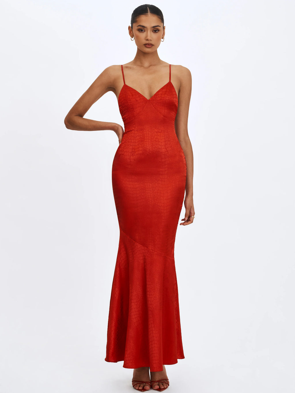 Kelsey Scarlet Croc Embossed Flared Hem Maxi Dress with Scarf