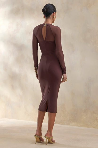 Off Track Brown Bodycon Midi Dress With Sheer Sleeves