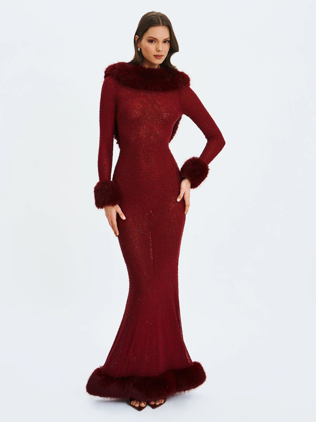Mellie Burgundy Regular Length Rhinestone Mesh Low Back Mermaid Gown