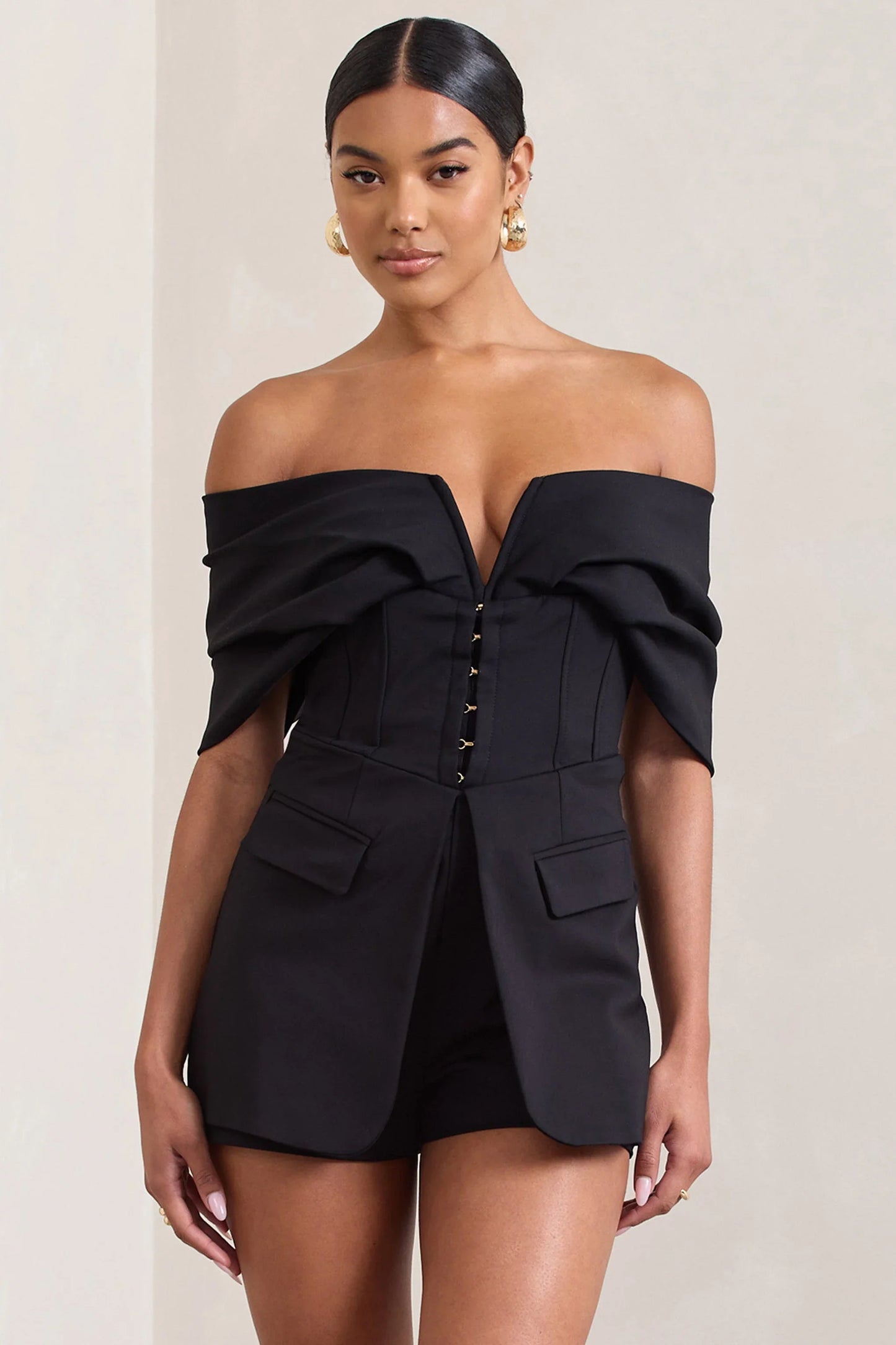 Damsel Black Cotton Blend Corset Bardot Playsuit