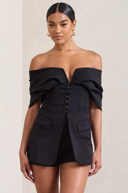 Damsel Black Cotton Blend Corset Bardot Playsuit