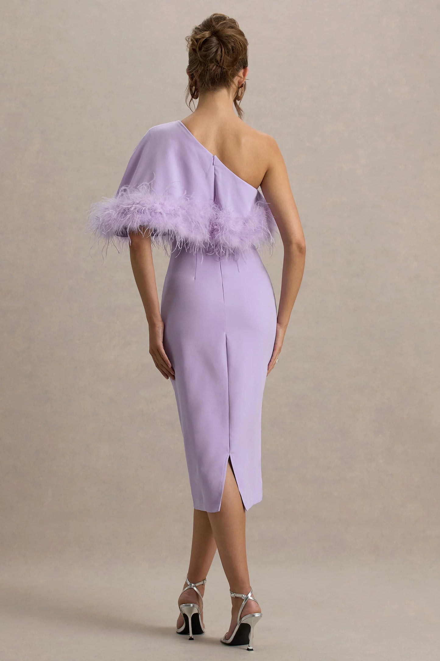 Victory Lilac One Shoulder Midi Dress With Feather Trim