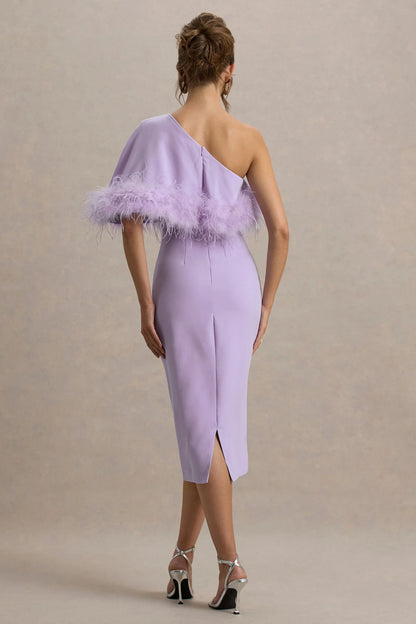 Victory Lilac One Shoulder Midi Dress With Feather Trim