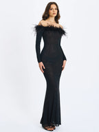 Emberly Black Fur Trimmed Off Shoulder Rhinestone Mermaid Maxi Dress