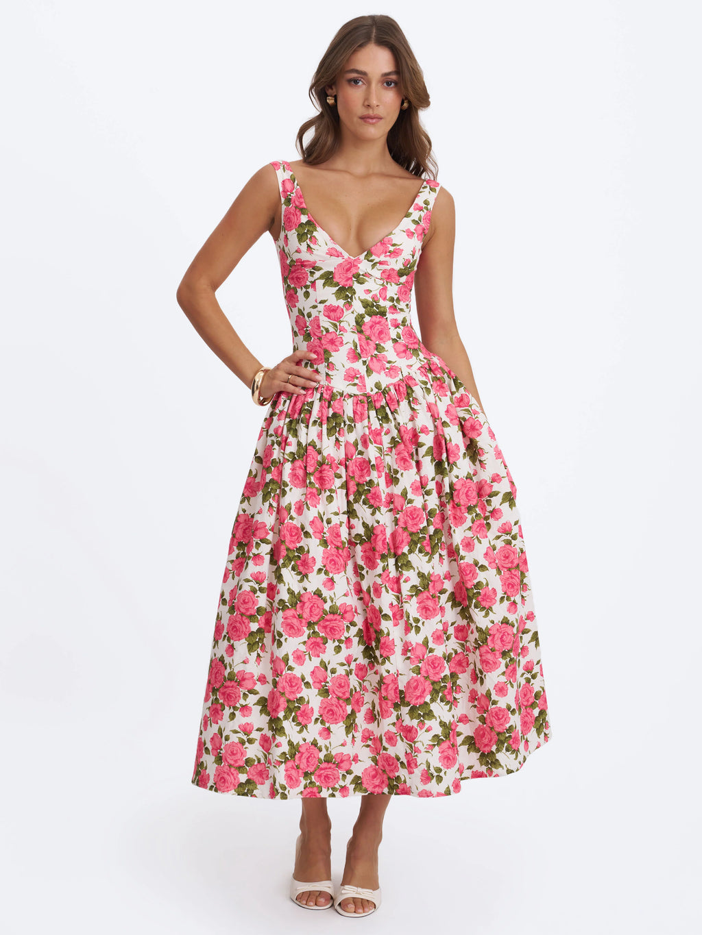 Wilfreda Blooming Pink Floral Linen Sweetheart Midi Dress