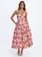 Wilfreda Blooming Pink Floral Linen Sweetheart Midi Dress