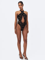 Breanna Black Velvet Lace Crossover Halter Swimsuit