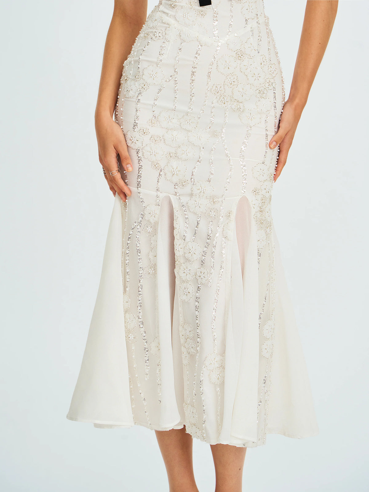 Paola White Peter Pan Collar Beaded Sequin Mermaid Midi Dress