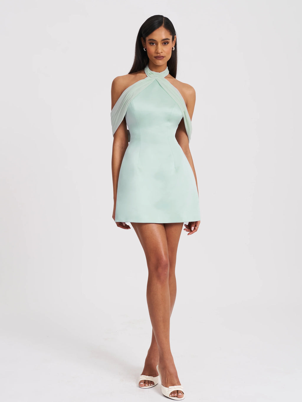Zafrina Light Cyan Halter Off shoulder Backless Mini Dress
