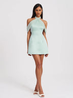 Zafrina Light Cyan Halter Off shoulder Backless Mini Dress