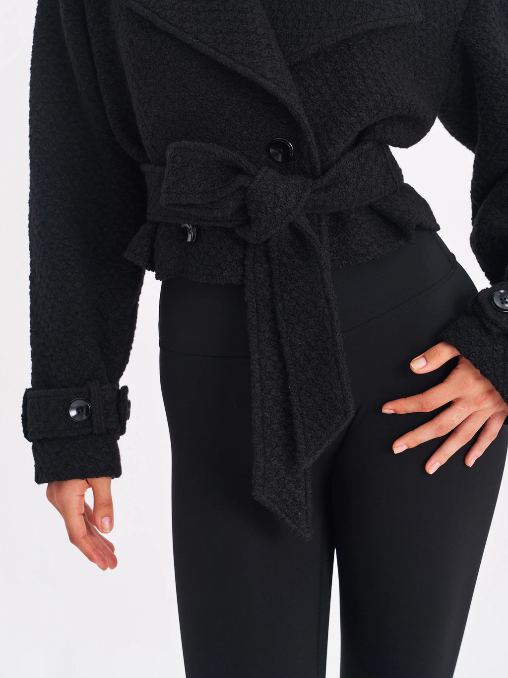 Dara Black Wool Blend Cropped Double Breasted Belted Coat
