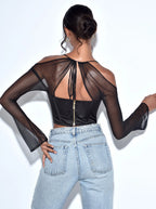 Pixie Black Mesh Sleeve Halter Corset Satin Top Archive Sale