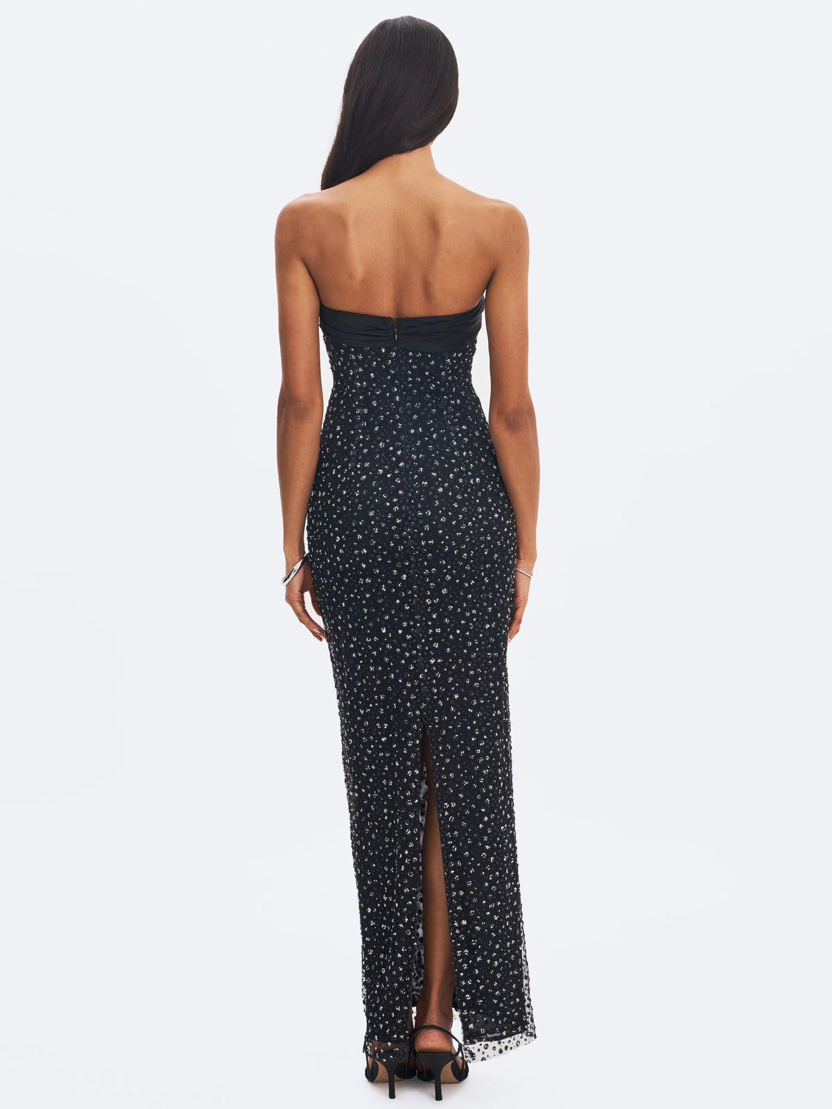 Preslie Black Satin Crystal Mesh Sheath Maxi Dress