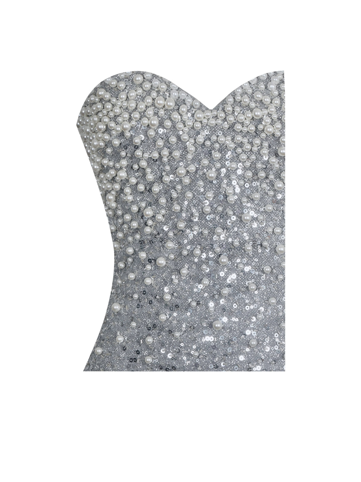 Noelle Silver Sequin Pearl Embellished Sweetheart Maxi Dress