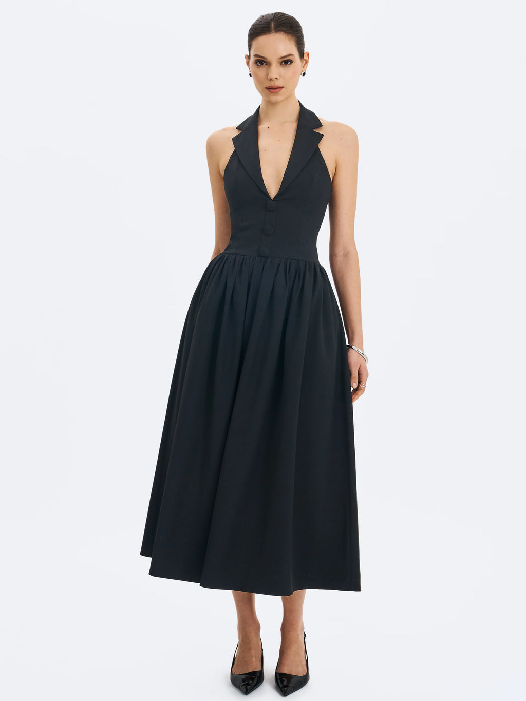 Delaney Black Lapel Halter Midi A Line Dress