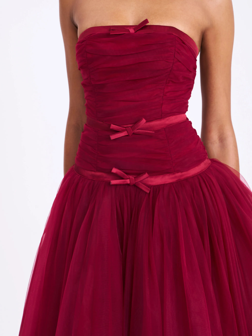Mabel Burgundy Drop Waist Layered Mesh Midi Puffy Dress with Bow