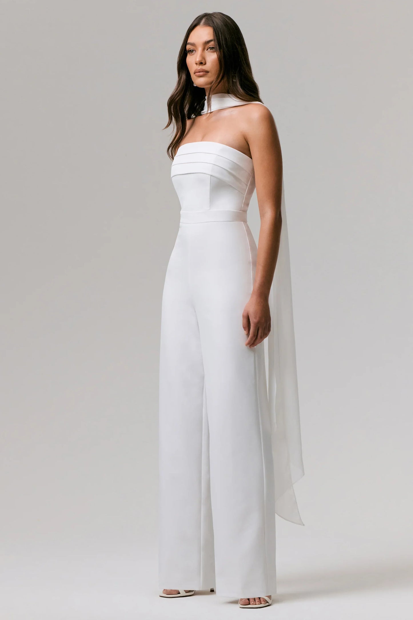 Enchanted White High Neck Jumpsuit With Scarf