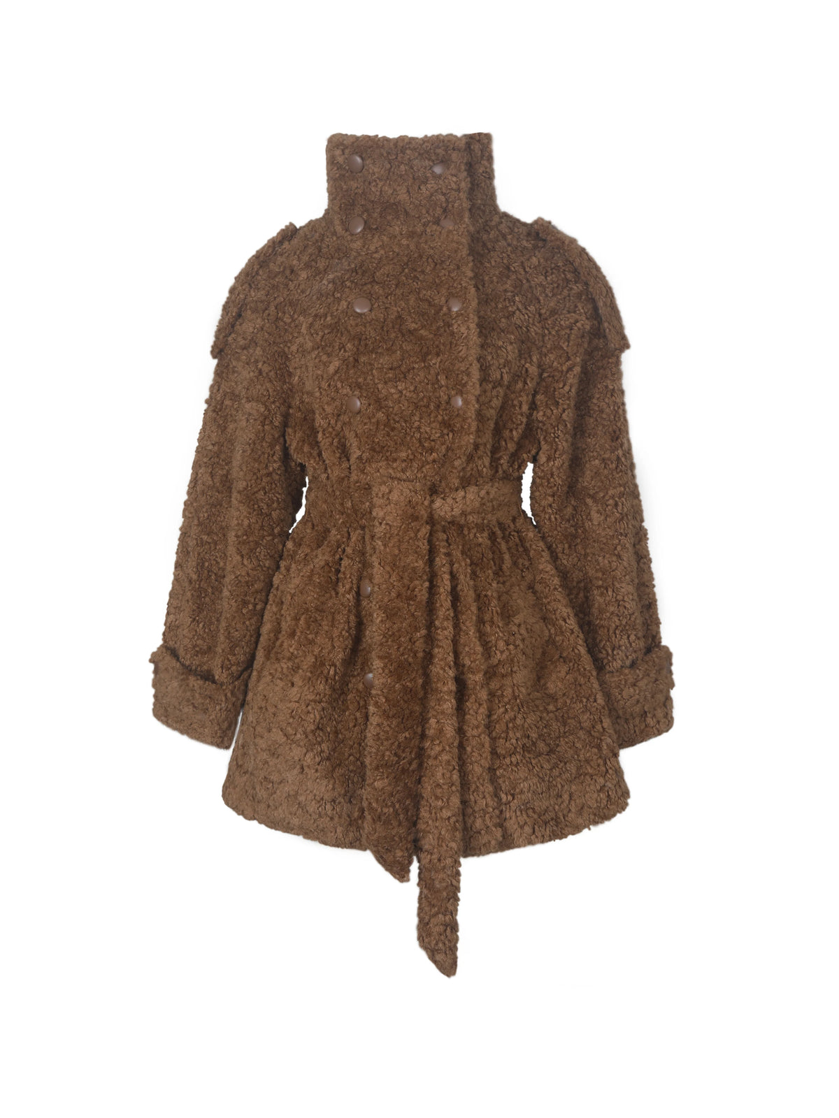 Marlow Chestnut Teddy Fur Funnel Collar Belted Mini Coat