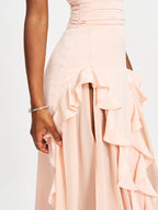 Talyssa Baby Pink Ruched Waist Double High Slit Maxi Gown Archive Sale