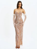 Quinci Apricot Beaded Sequin Sweetheart Maxi Dress