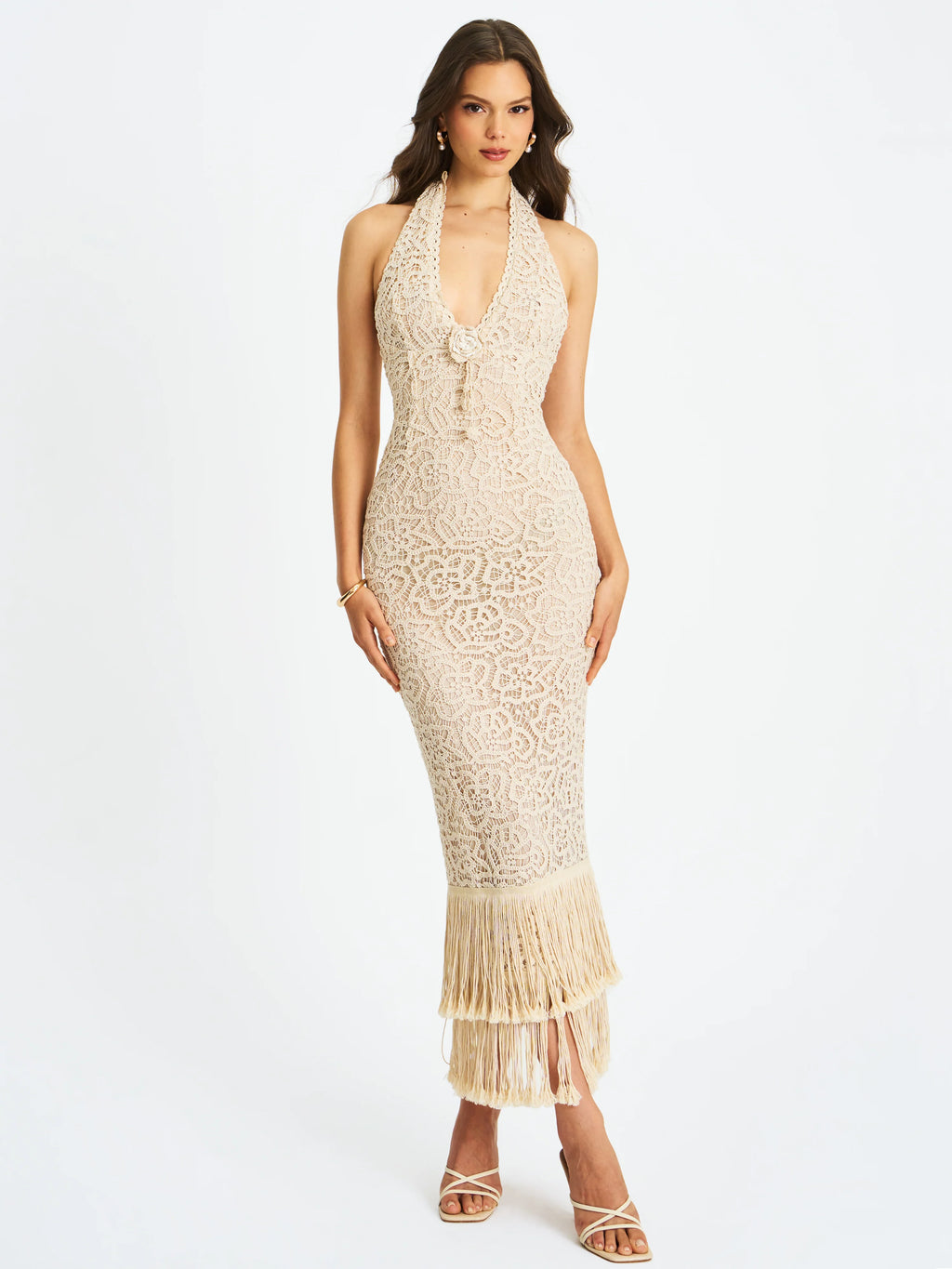 Faelyn Off White Double Fringe Crochet Halter Maxi Dress